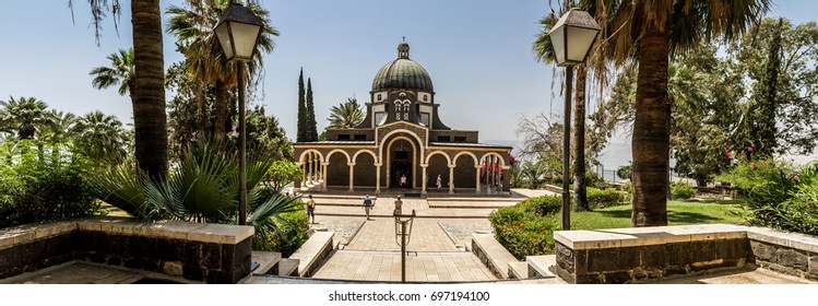 SEA OF GALILEE, ISRAEL - MAY 15: Church of Mount of Beatitudes with marble colonnade near Sea of Galilee in Israel on May 15, 2017