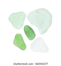 Sea Glass Pieces, Backlit, Isolated On Whie Background