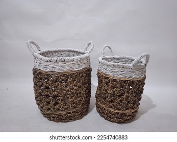 Sea grass Bead Baskets featuring decorative, natural colour beads around the rim. Handwoven from sustainably farmed sea grass.  Great for storage or an ornamental piece around the home. - Shutterstock ID 2254740883