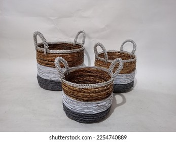 Sea grass Bead Baskets featuring decorative, natural colour beads around the rim. Handwoven from sustainably farmed sea grass.  Great for storage or an ornamental piece around the home. - Shutterstock ID 2254740889