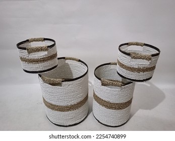 Sea grass Bead Baskets featuring decorative, natural colour beads around the rim. Handwoven from sustainably farmed sea grass.  Great for storage or an ornamental piece around the home. - Shutterstock ID 2254740899