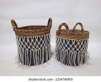 Sea grass Bead Baskets featuring decorative, natural colour beads around the rim. Handwoven from sustainably farmed sea grass.  Great for storage or an ornamental piece around the home. - Shutterstock ID 2254740905