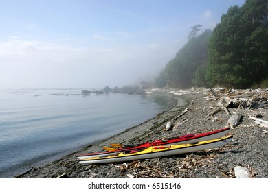 Sea Kayaks On Deserted Ocean Beach, San Juan Islands, Washington