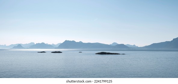 Sea landscape panorama with mountains and fjords