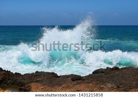 sea landscape, sea waves crashing against the rocks, Tantura nature reserve, northern Israel