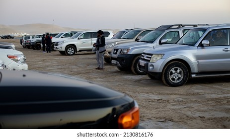 Sea Line Sand Dunes, Qatar, Circa 2021: Convoy Of Sports Utility Vehicles (SUV) Ready For Desert Driving. Dune Bashing Is Favorite Sport In Qatar.