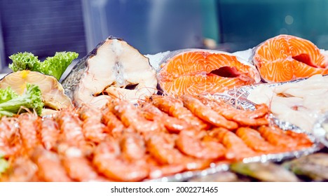 Sea Market, Fresh Trout, Cod And Tuna Meat, Boiled Red King Prawns.