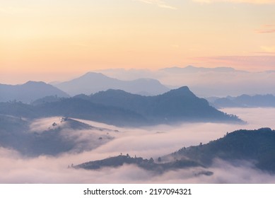 Sea Of Mist In The Rainforest, Sky And Mountains At Dawn.