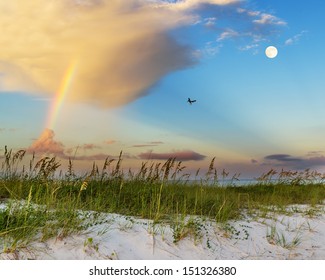 Sea oats growing on beach with rainbow, clouds and full moon in background at sunrise