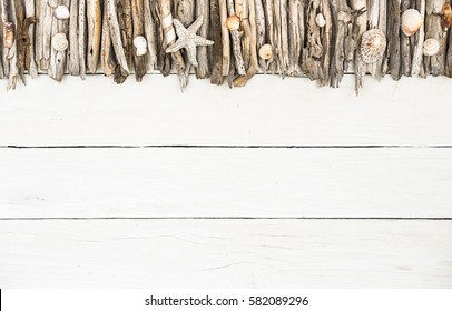 Sea objects and marine items on driftwood frame with white background.