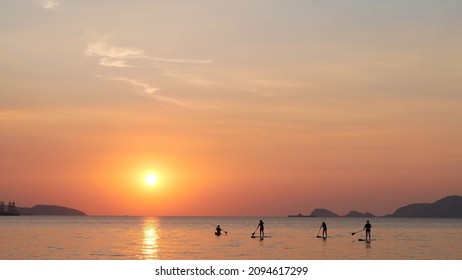 Sea Ocean Sunset Subboard Relex Outdoor People Blalancing On Sub Board On The Sea