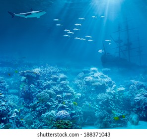 Sea Or Ocean Underwater With Shark And Sunk Treasures Ship