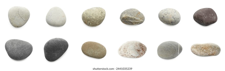 Sea pebbles. Different stones isolated on white, set - Powered by Shutterstock