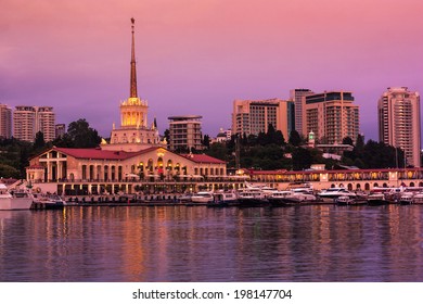 Sea Port Of Sochi In The Warm Summer Night , View From The Sea .