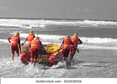 Sea Rescue Members Launching A Rescue Boat