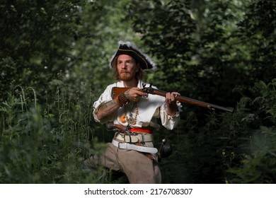 Sea Robber Ship Captain Armed Pirate Goes Through Jungle. Concep