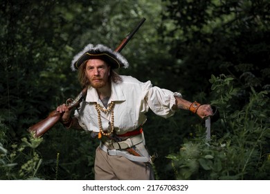 Sea Robber Ship Captain Armed Pirate Goes Through Jungle. Concep