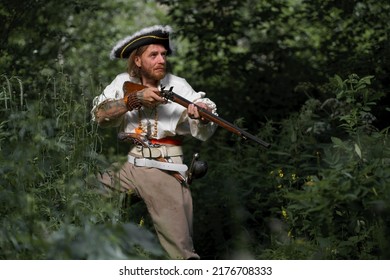 Sea Robber Ship Captain Armed Pirate Goes Through Jungle. Concep