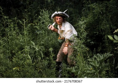 Sea Robber Ship Captain Armed Pirate Goes Through Jungle. Concep