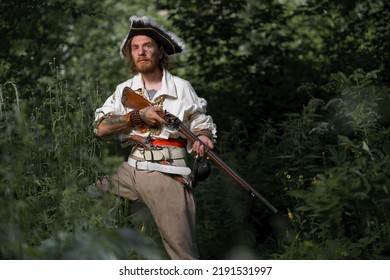 Sea Robber Ship Captain Armed Pirate Goes Through Jungle. Concept Historical Halloween. Filibuster Cosplay