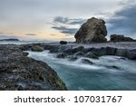 Sea and rocks at sunrise, Elephant Rock, Currumbin beach, Gold Coast, Australia