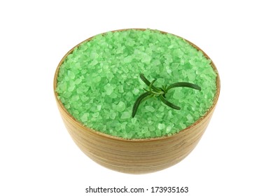 Sea Salt Bath With Algae Extract In A Wooden Bowl, Great Body Scrub Isolated On White Background