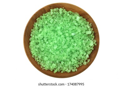 Sea Salt Bath With Algae Extract In A Wooden Bowl, Great Body Scrub Isolated On White Background