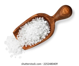 sea salt crystals in wooden scoop isolated on white background top view