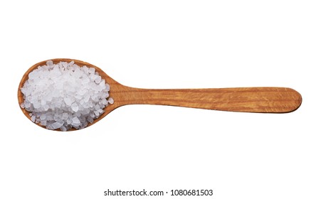 Sea Salt On Wooden Spoon Isolated .top View