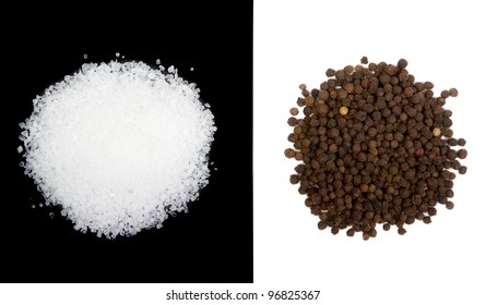 Sea salt and peppercorns isolated on both white and black backgrounds - Powered by Shutterstock