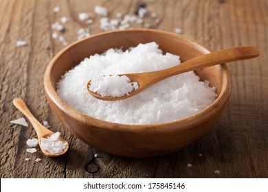 Sea Salt In Wooden Bowl And Spoon