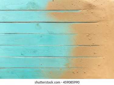 Sea Sand On Blue Wooden Floor,Top View With Copy Space