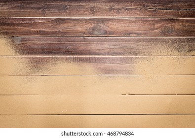 Sea Sand On Wooden Floor,Top View With Copy Space