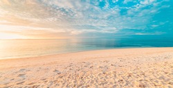 Sea Sand Sky Concept, Sunset Colors Clouds, Horizon, Horizontal Background Banner. Inspirational Nature Landscape, Beautiful Colors, Wonderful Scenery Of Tropical Beach. Beach Sunset, Summer Vacation
