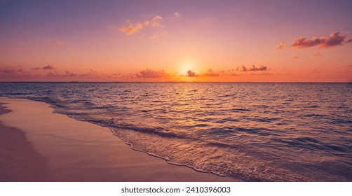 Sea sand sky concept, sunset colors clouds beachfront horizon. Inspire waves beams, meditation nature landscape, beautiful colors, wonderful scenery of tropical beach. Beachside travel summer vacation