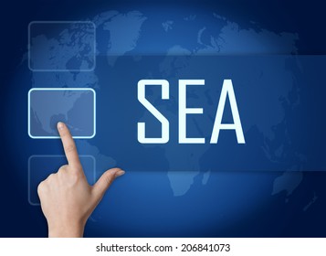 SEA - Search Engine Advertising Concept With Interface And World Map On Blue Background