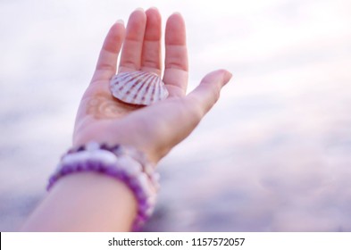 Sea shell on hand against the background of the sea, Relaxation, peace and pleasant mention of the sea. - Powered by Shutterstock