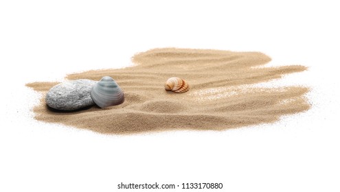 Sea Shells And Rock In Sand Pile Isolated On White Background, Top View