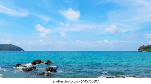 Sea and sky background. Sea view from tropical beach with sunny sky. Summer paradise beach of Thailand. Tropical shore. Tropical sea in Thailand. Exotic summer beach with clouds on horizon. Ocean beac - Shutterstock ID 1445758607