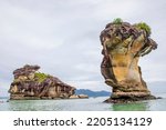 the sea stack in  Bako National Park beach Sarawak Malaysia.  Established in 1957, it is the oldest national park in Sarawak.
The background is South China Sea.