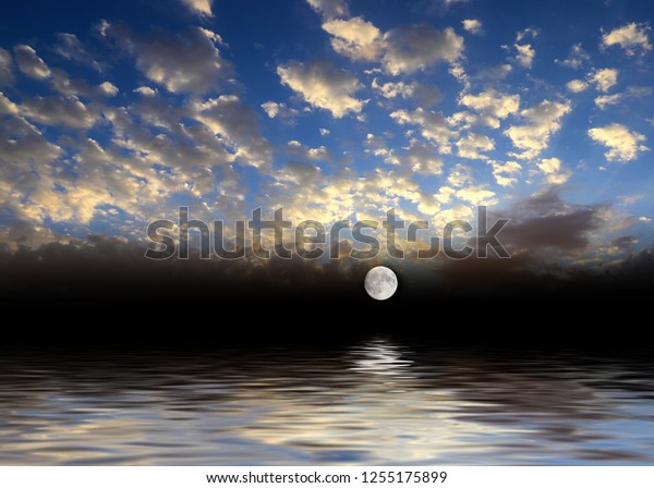 sea surface and\
night sky with full moon