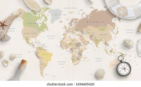 Sea, Travel Things On World Map Conposition. Copy Space In The Middle. Top View, Flat Lay.