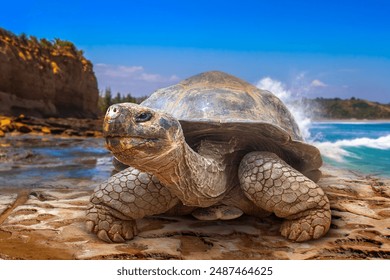 Sea turtle. Animal reptile. Fauna of tropical climate. Turtle close-up. Tortoise with strong shell. Old turtle crawls out of water. Tortoise looks around. Tortoiseshell animal. Nature, ecology - Powered by Shutterstock