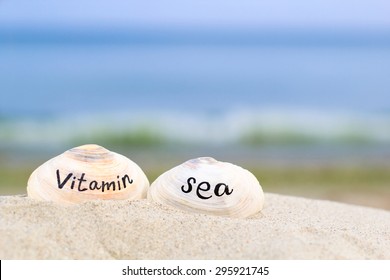 sea vacation - sea shells in the sand with vitamin sea words written on them 