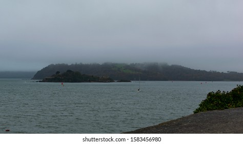 Sea View From Plymouth Shore, Cloudy Misty Autumn Day 