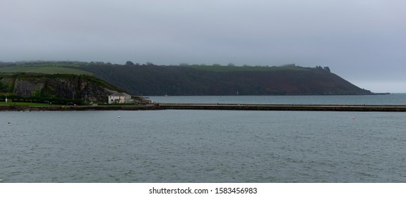 Sea View From Plymouth Shore, Cloudy Misty Autumn Day 