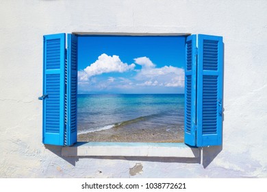 Sea View Through Traditional Greek Window