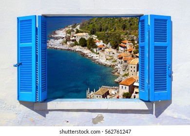 Sea View Through Traditional Greek Window