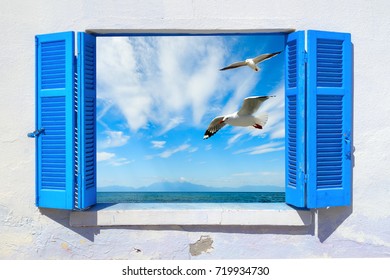 Sea View Through Traditional Greek Window