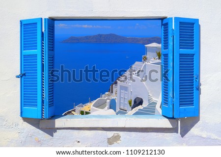 Sea view through traditional greek window in Santorini island